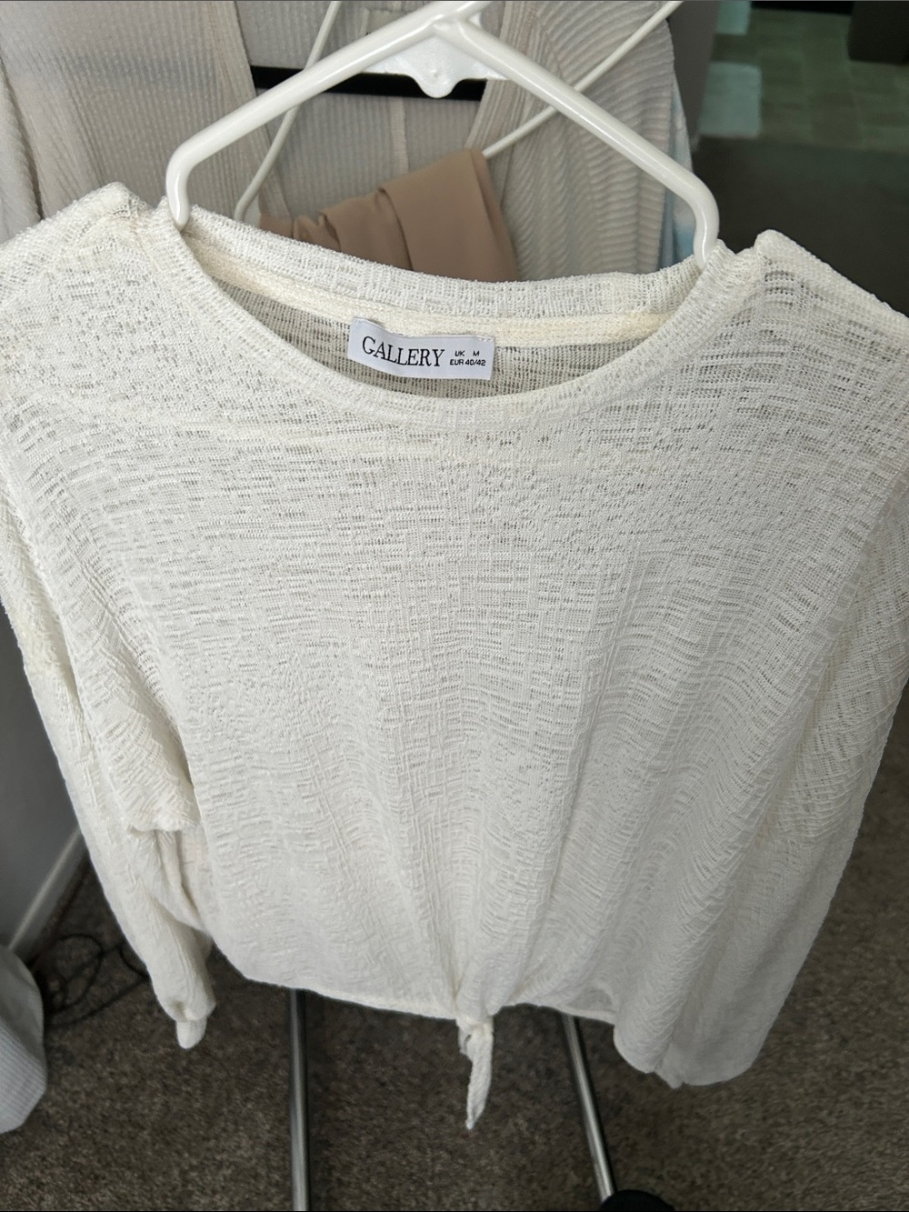 Gallery Ivory Textured Tie-Front Crewneck Sweater